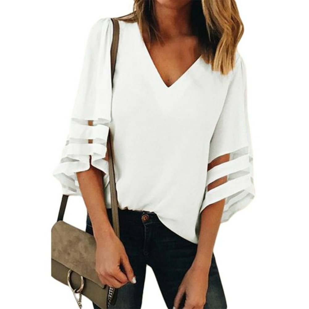 LADIES WHITE VENTED BELL SLEEVE BLOUSE - Size MED.